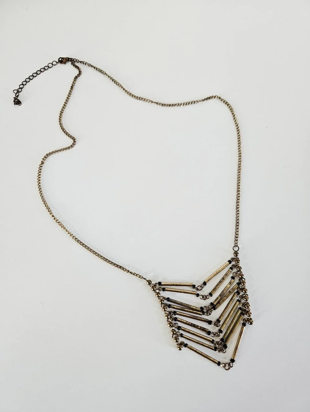 Vintage Geometric Brass Tube Beaded Chevron Hinged Cascade Bib Chain Necklace